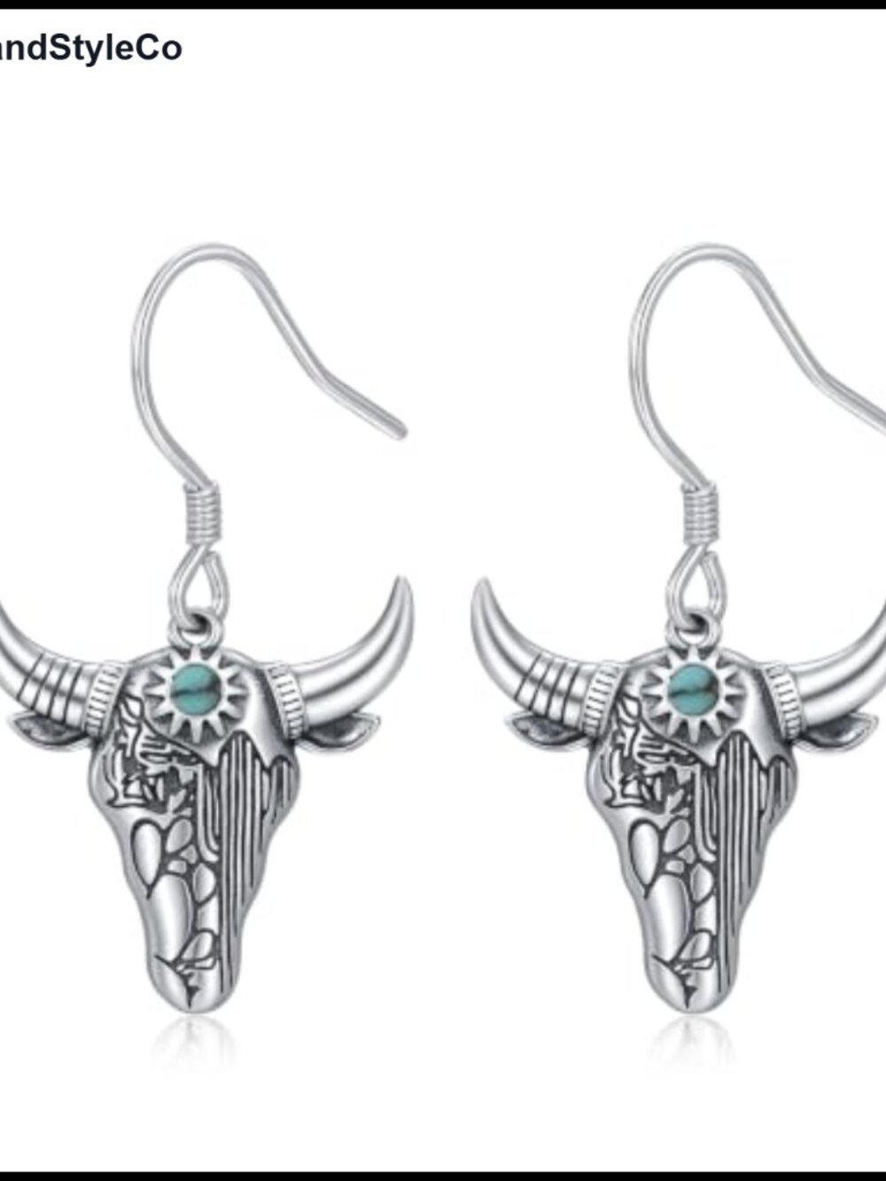 Sterling Silver Leverback Cow Skull Dangle Earrings Turquoise Western